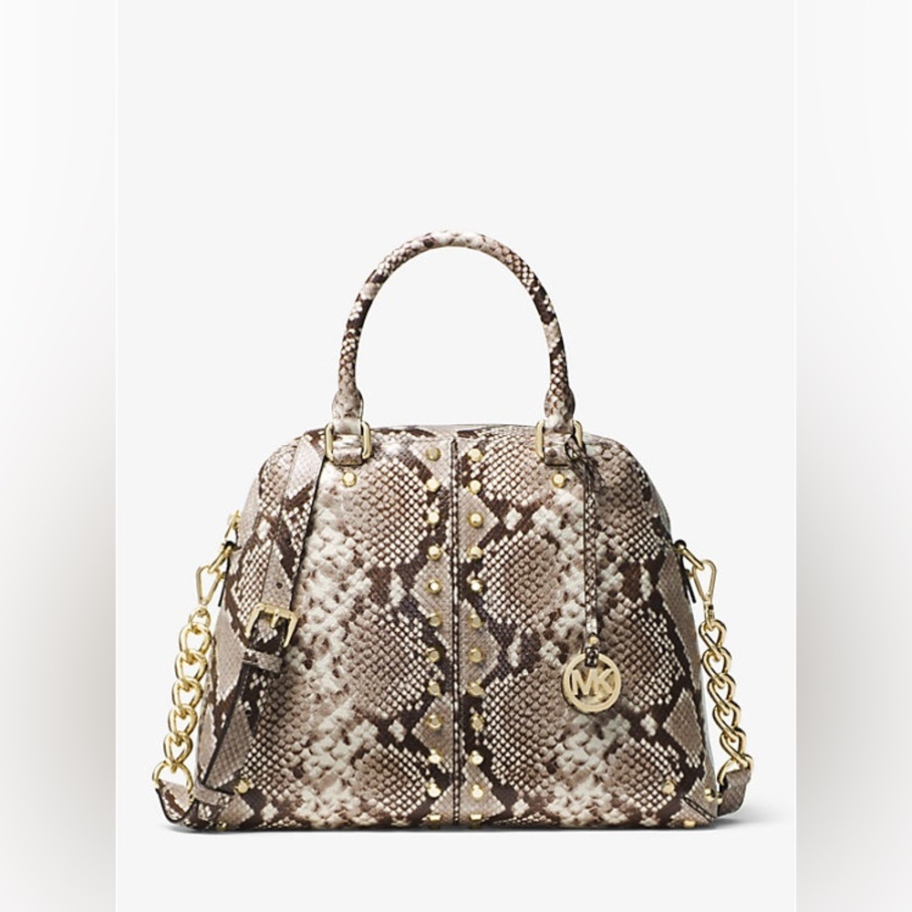 Michael Kors Astor Studded Snake-Embossed Leather Satchel handbag